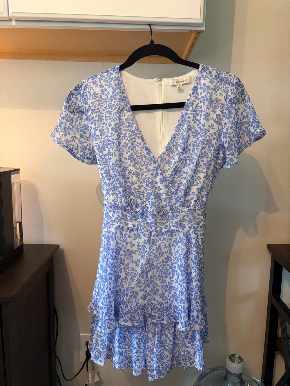 Francesca's Collections Blue & White Floral Wrap Romper